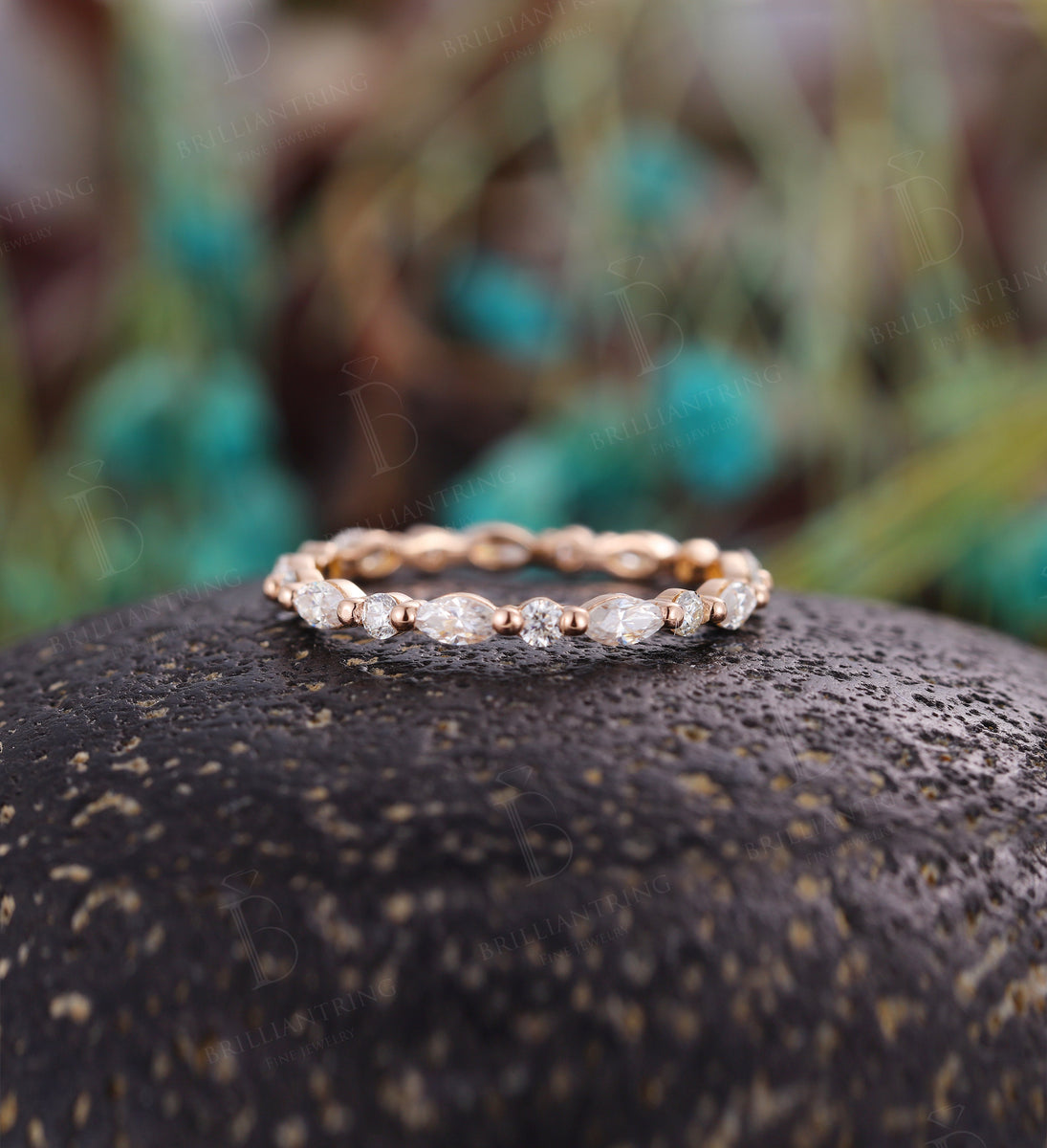 Marquise cut & round Moissanite wedding band vintage 14k rose gold ful ...