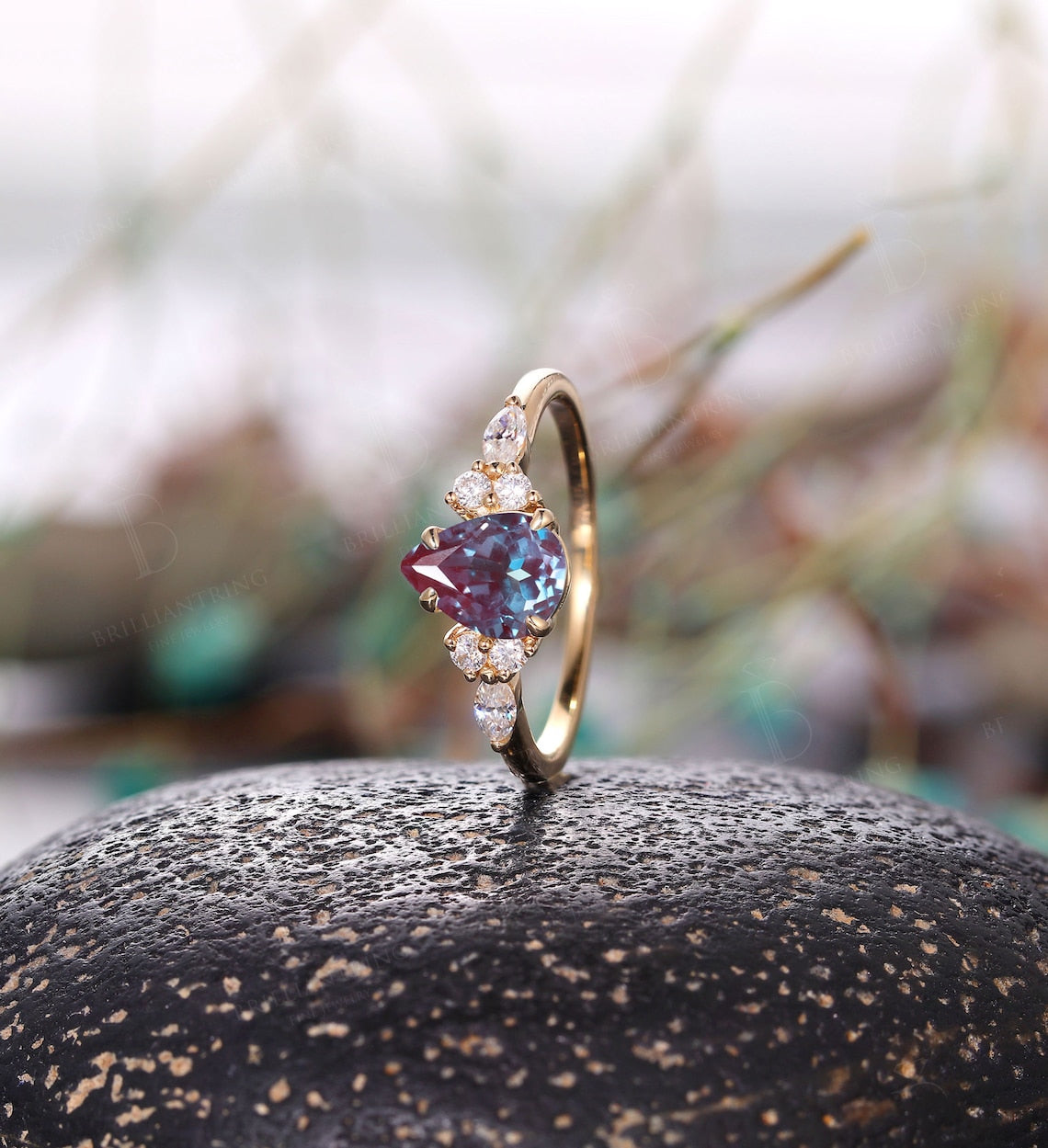 Pear shaped Alexandrite engagement ring Vintage rose gold cluster ring Art Deco unique diamond bridal ring antique ring anniversary ring