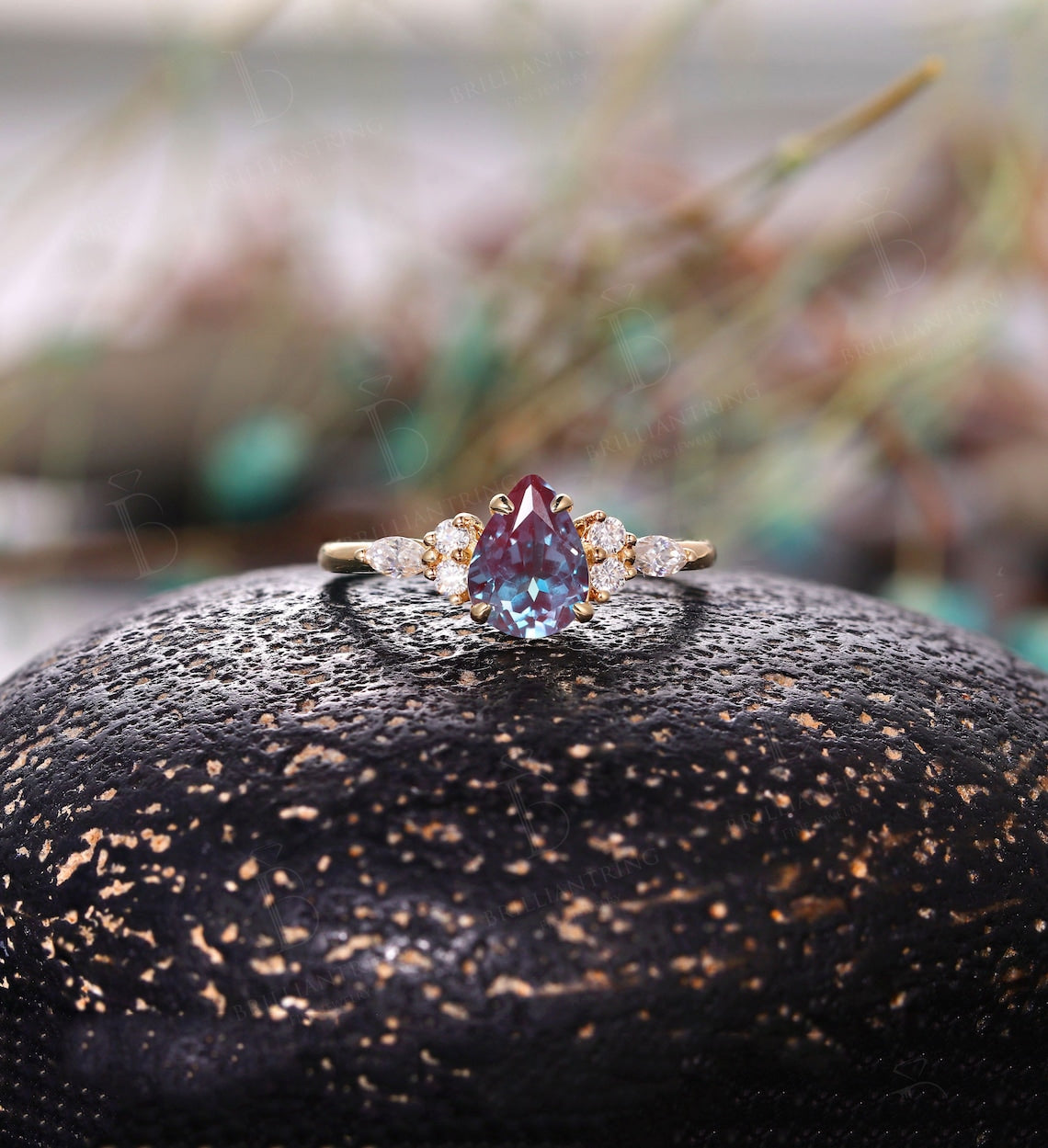 14K Rose Gold Three Stone Pear Shaped Alexandrite Engagement Ring