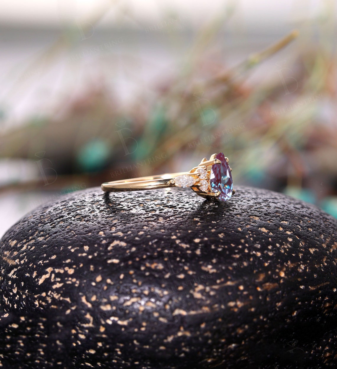 Pear shaped Alexandrite engagement ring Vintage rose gold cluster ring Art Deco unique diamond bridal ring antique ring anniversary ring