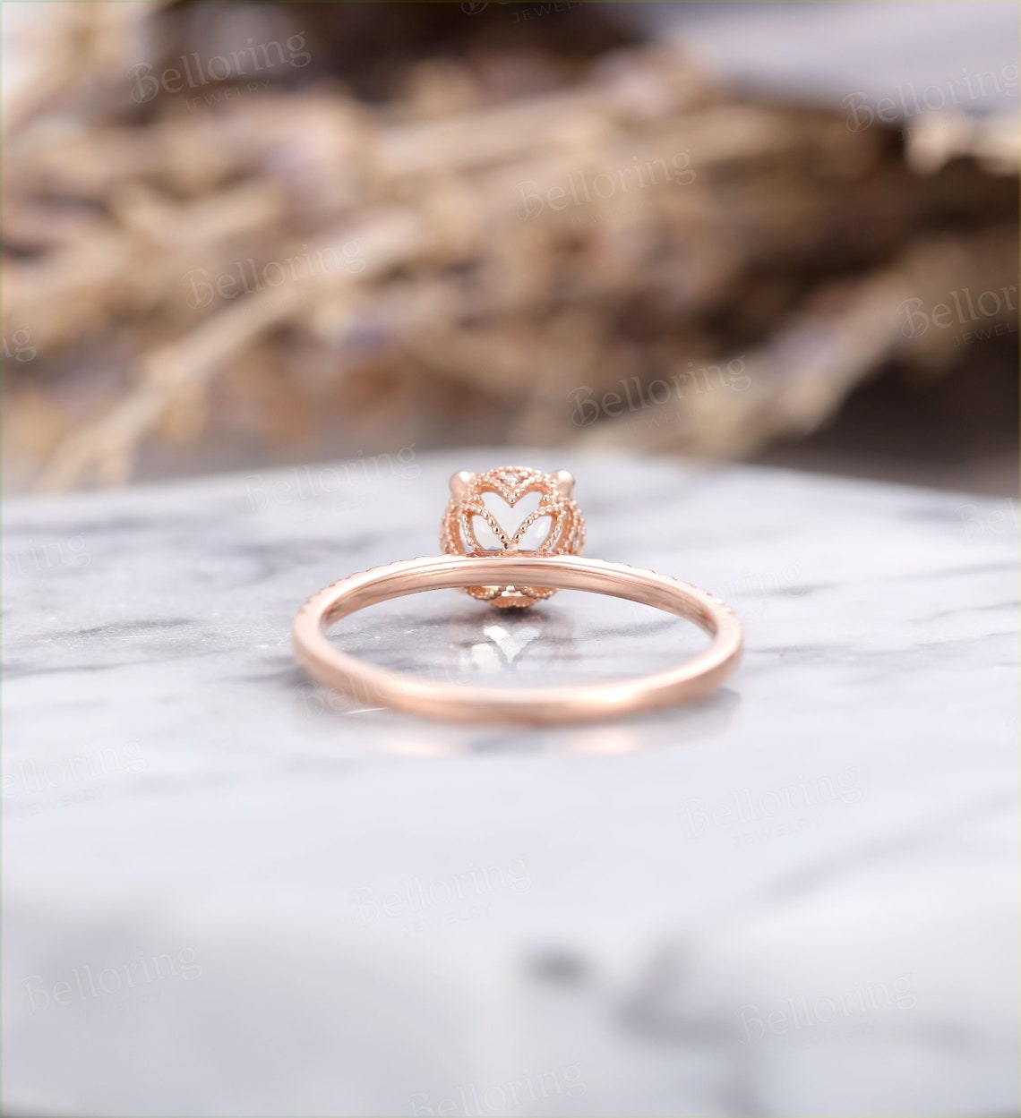 Moonstone engagement ring vintage rose gold prong set diamond half eternity art deco Wedding Jewelry promise Anniversary wedding ring