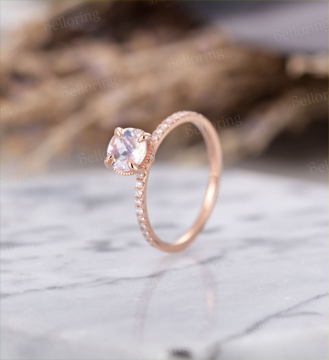 Moonstone engagement ring vintage rose gold prong set diamond half eternity art deco Wedding Jewelry promise Anniversary wedding ring