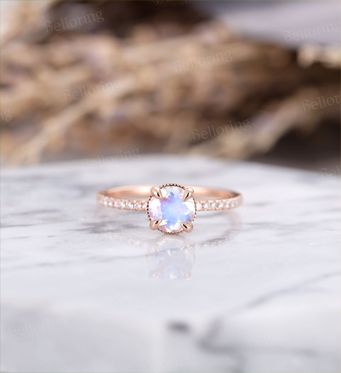 Moonstone engagement ring vintage rose gold prong set diamond half eternity art deco Wedding Jewelry promise Anniversary wedding ring