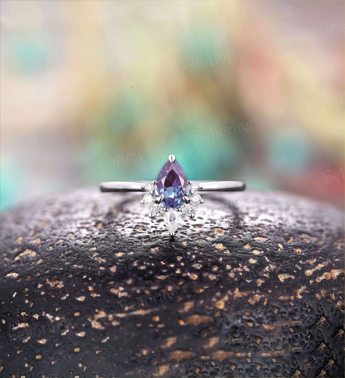 Vintage Pear shaped Alexandrite Engagement Ring,rose gold ring art deco moissanite ring,diamond wedding ring unique Anniversary promise Ring