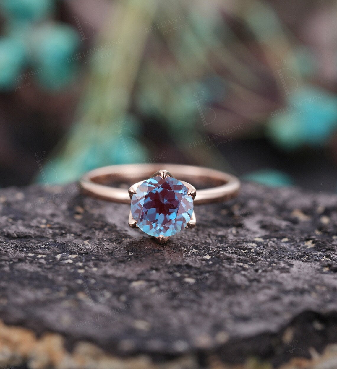 Alexandrite engagement ring vintage prong set unique moissanite rose gold wedding ring art deco solitaire anniversary promise wedding ring