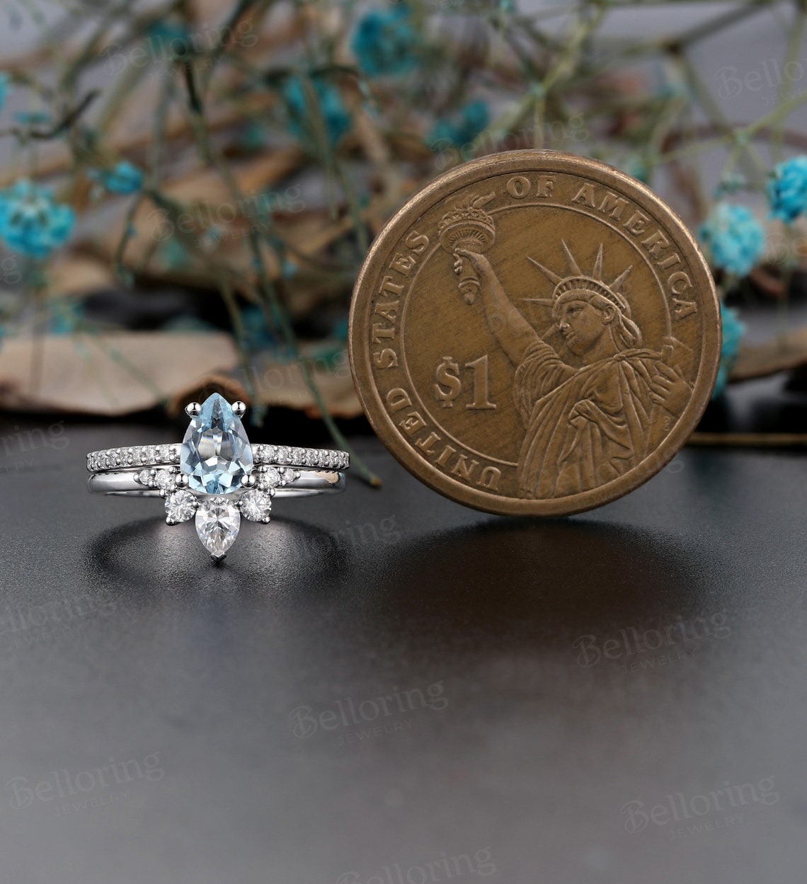 Aquamarine engagement ring set white gold wedding band set pear cut ring set vintage diamond/moissanite Half eternity band Anniversary ring