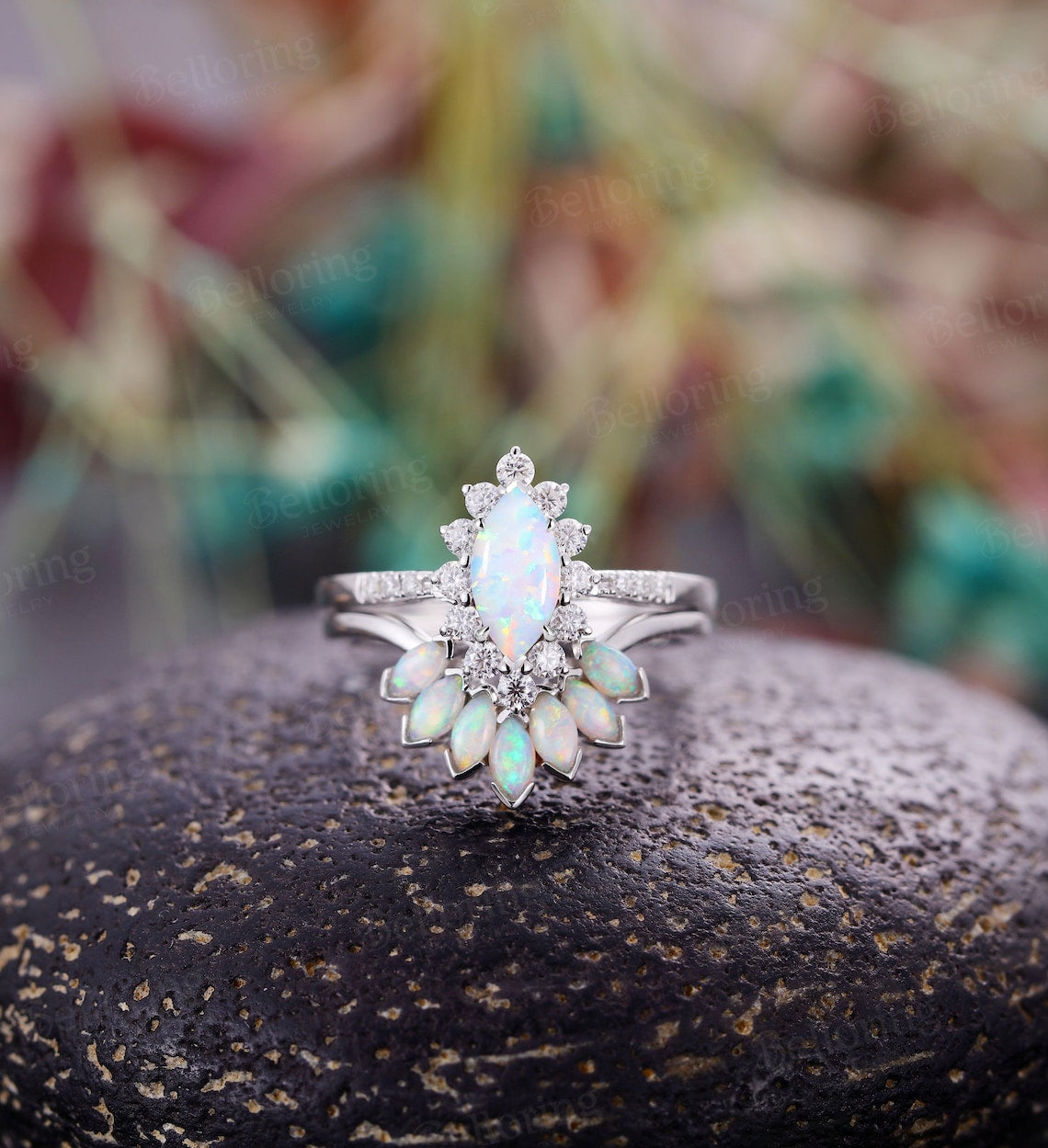 Marquise cut Opal engagement ring set for Vintage halo moissanite white gold curved wedding band Art deco Jewelry unique wedding ring