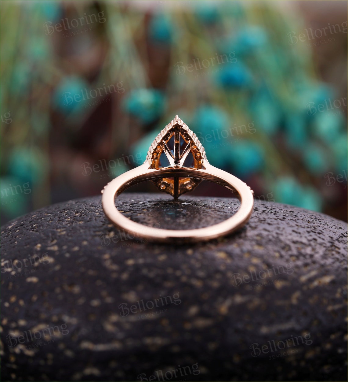 Vintage Alexandrite engagement ring Pear shaped Rose gold ring milgrain art deco halo moissanite ring unique art deco anniversary ring