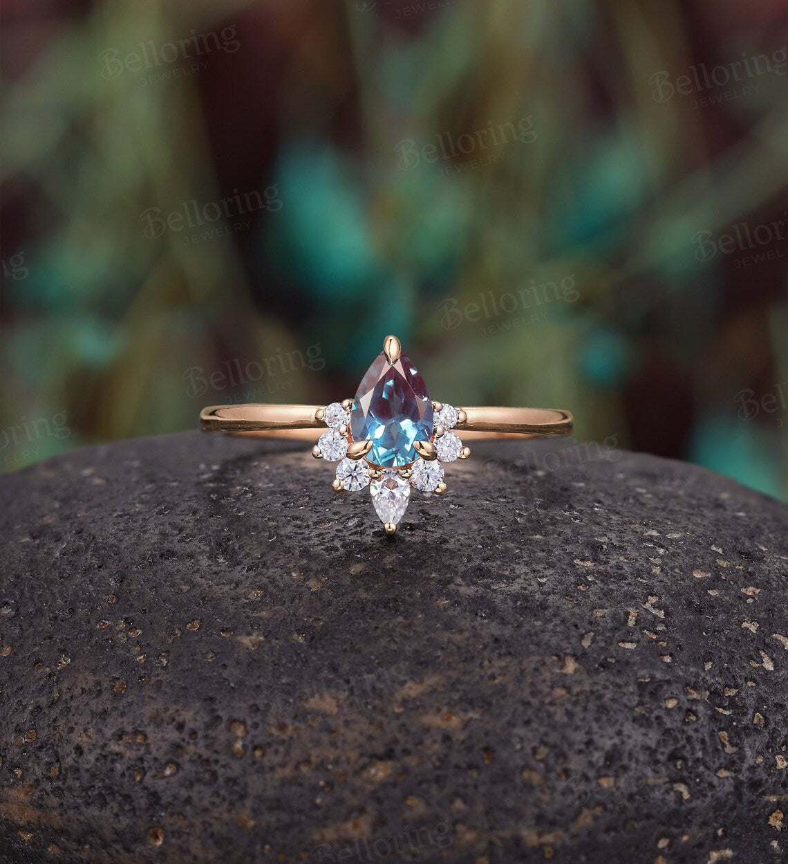 Vintage Pear shaped Alexandrite Engagement Ring,rose gold ring art deco moissanite ring,diamond wedding ring unique Anniversary promise Ring