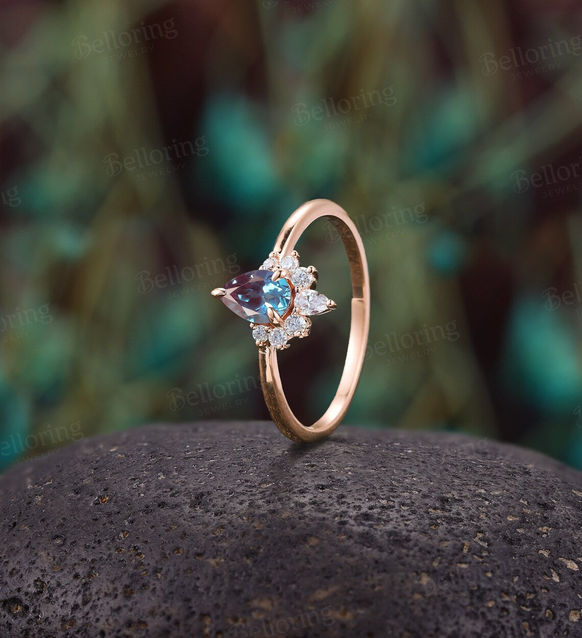 Vintage Pear shaped Alexandrite Engagement Ring,rose gold ring art deco moissanite ring,diamond wedding ring unique Anniversary promise Ring