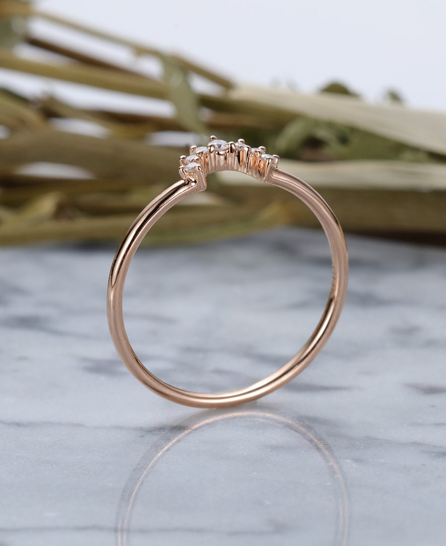 Diamond Curved wedding band rose gold ring halo Vintage Bridal Set Jewelry Antique Solid 14K  Matching Promise Anniversary Gift for