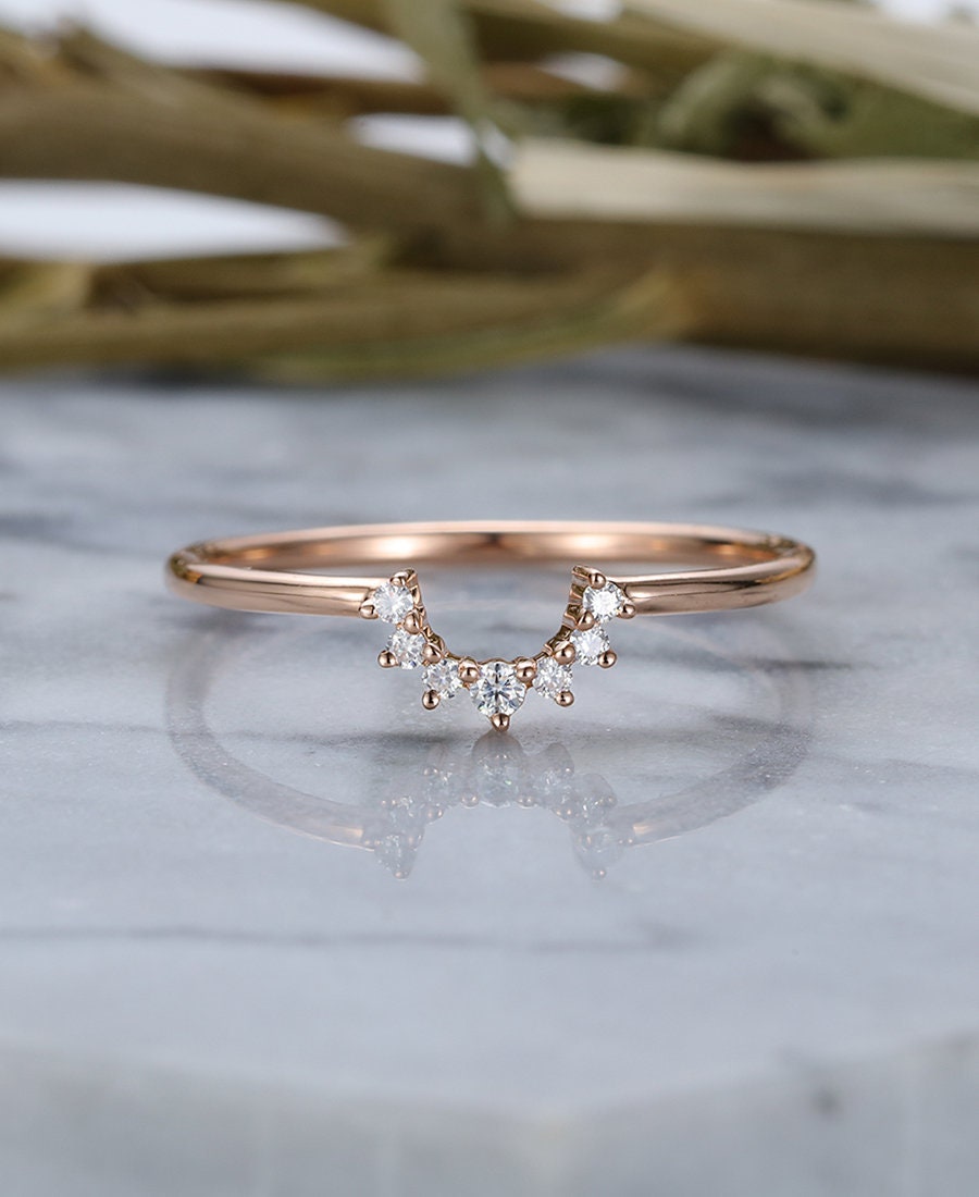 Diamond Curved wedding band rose gold ring halo Vintage Bridal Set Jewelry Antique Solid 14K  Matching Promise Anniversary Gift for