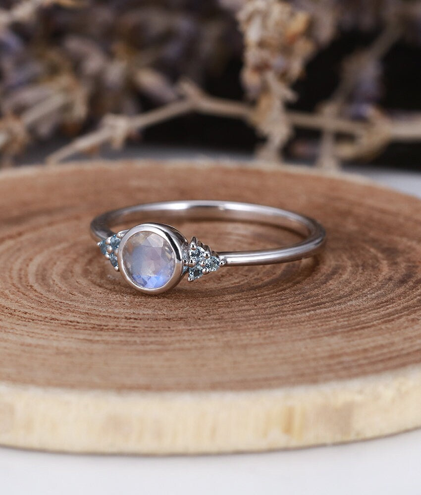 Art deco engagement ring  Vintage moonstone Topaz white gold Unique Delicate wedding Jewelry birthstone Anniversary wedding ring