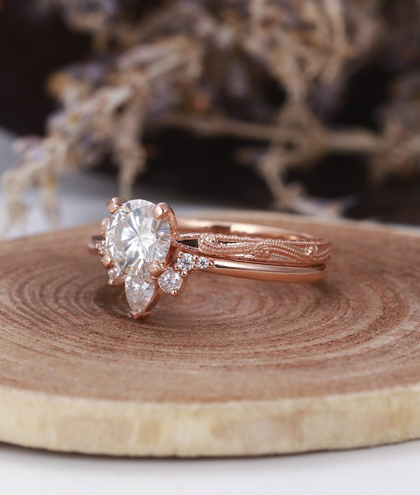 Moissanite engagement ring Vintage  round cut Art deco rose gold Unique wedding Bridal Jewelry antique promise Anniversary wedding ring