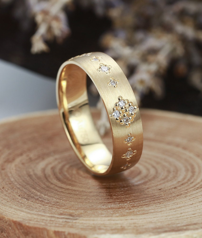 Diamond wedding band  14K yellow Gold vintage round cut Art Deco unique eternity wedding ring   Promise Anniversary wedding ring