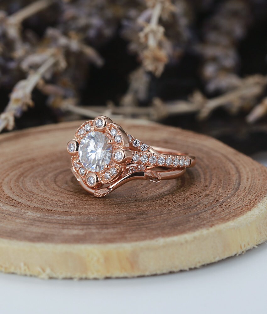 Moissanite Engagement Ring set  rose Gold vintage round cut Milgrain Art Deco  wedding ring   Promise Anniversary wedding ring