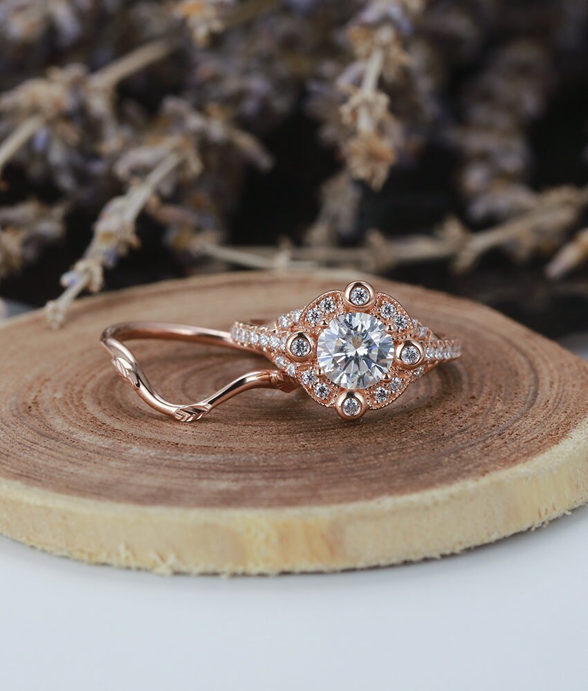 Moissanite Engagement Ring set  rose Gold vintage round cut Milgrain Art Deco  wedding ring   Promise Anniversary wedding ring