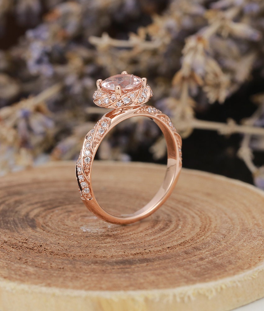 Morganite Engagement Ring Rose Gold round Cut  Vintage Halo Diamond Wedding  antique Half eternity Promise gift Bridal Jewelry  Anniversary