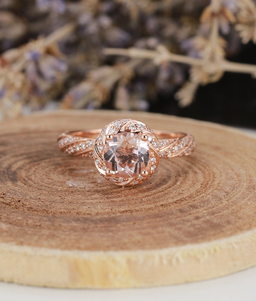 Morganite Engagement Ring Rose Gold round Cut  Vintage Halo Diamond Wedding  antique Half eternity Promise gift Bridal Jewelry  Anniversary