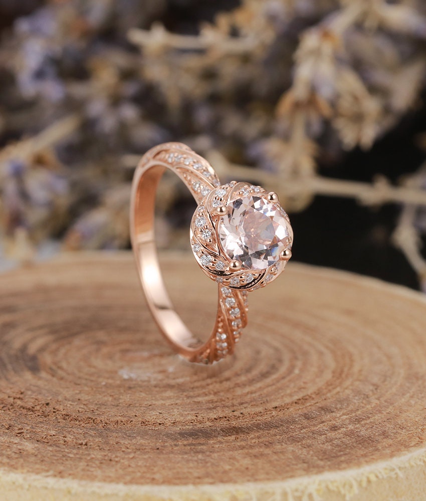 Morganite Engagement Ring Rose Gold round Cut  Vintage Halo Diamond Wedding  antique Half eternity Promise gift Bridal Jewelry  Anniversary