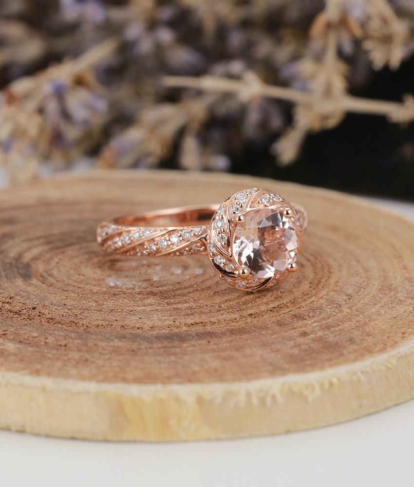 Morganite Engagement Ring Rose Gold round Cut  Vintage Halo Diamond Wedding  antique Half eternity Promise gift Bridal Jewelry  Anniversary