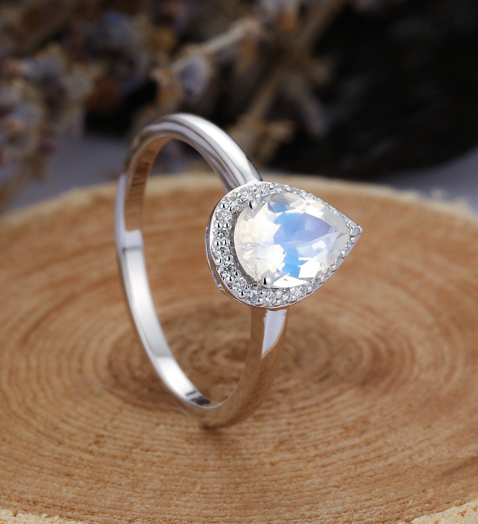 Moonstone engagement ring  Rose gold pear cut vintage diamond unique Wedding  Bridal Jewelry birthstone Anniversary wedding ring