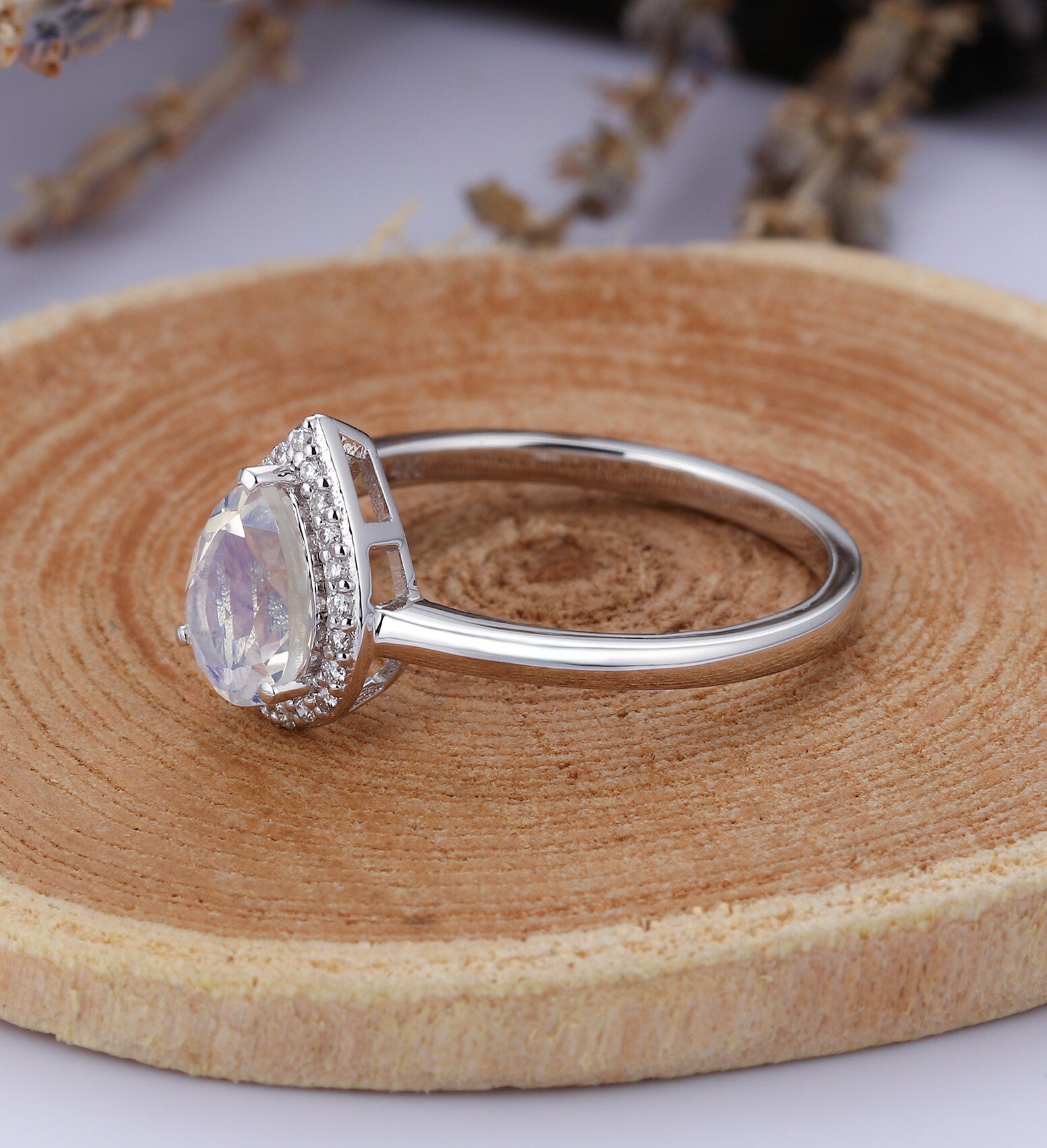 Moonstone engagement ring  Rose gold pear cut vintage diamond unique Wedding  Bridal Jewelry birthstone Anniversary wedding ring