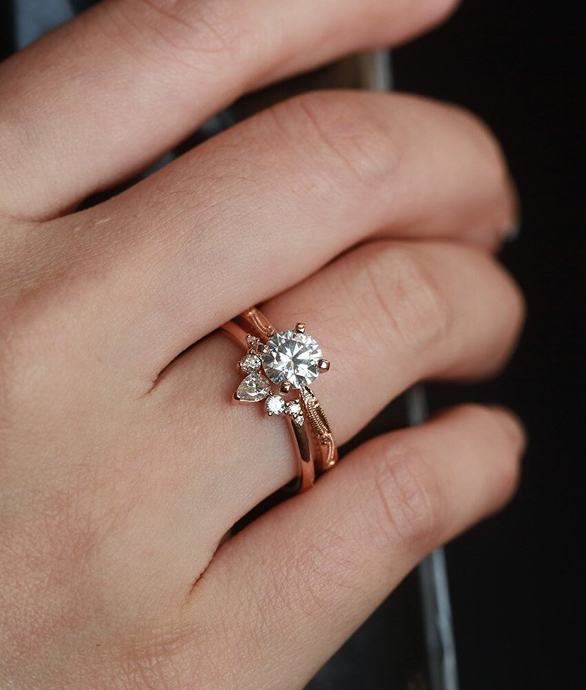 Moissanite engagement ring Vintage  round cut Art deco rose gold Unique wedding Bridal Jewelry antique promise Anniversary wedding ring