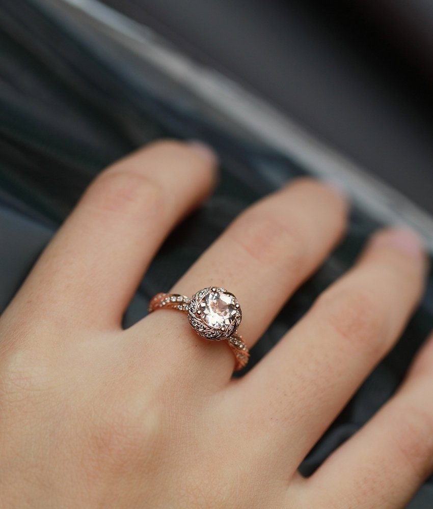 Morganite Engagement Ring Rose Gold round Cut  Vintage Halo Diamond Wedding  antique Half eternity Promise gift Bridal Jewelry  Anniversary