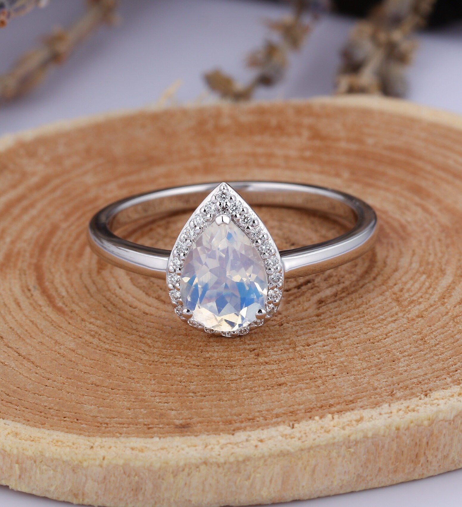 Moonstone engagement ring  Rose gold pear cut vintage diamond unique Wedding  Bridal Jewelry birthstone Anniversary wedding ring