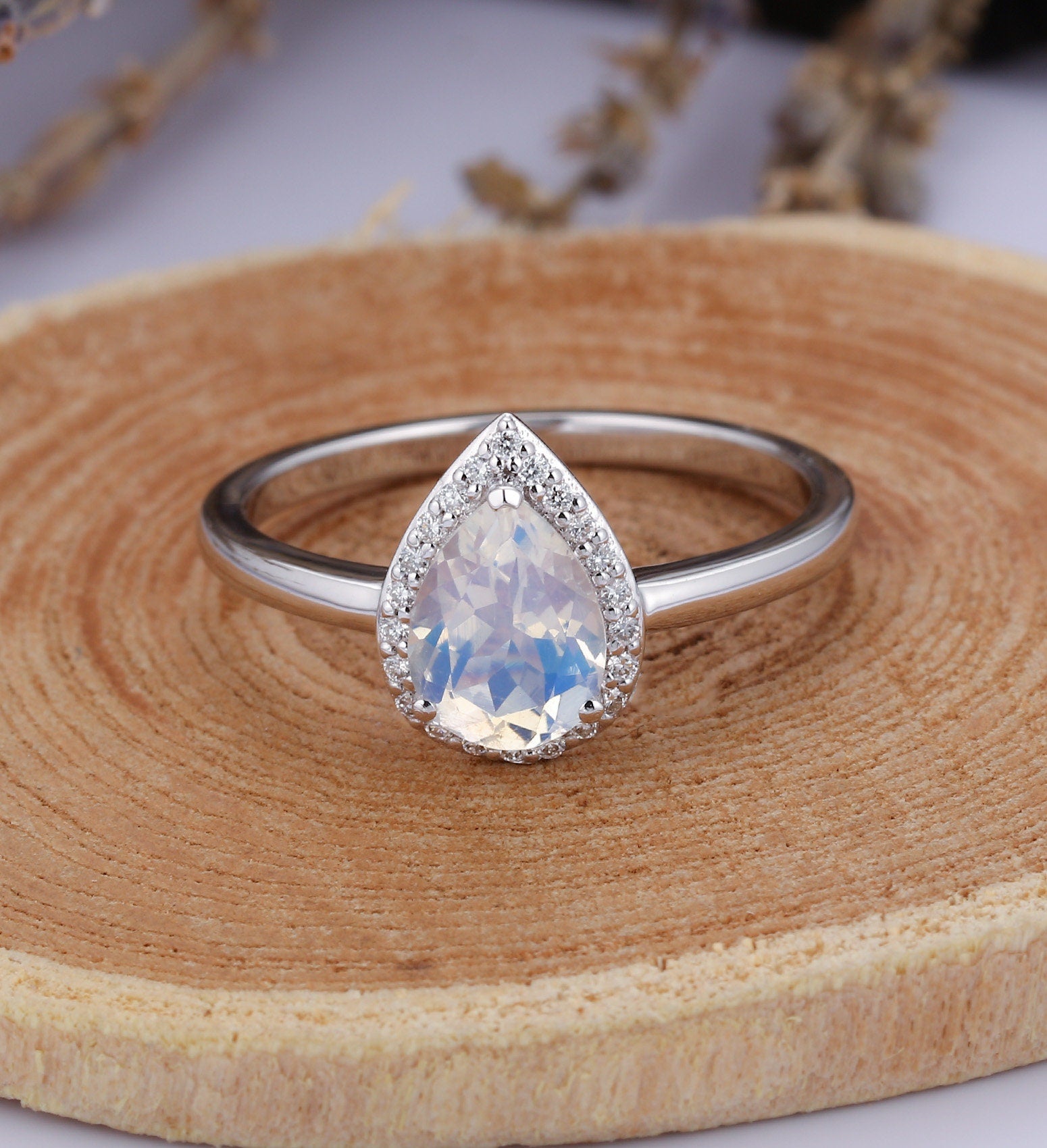 Moonstone engagement ring  Rose gold pear cut vintage Halo Moissanite unique Wedding Bridal Jewelry birthstone Anniversary wedding ring