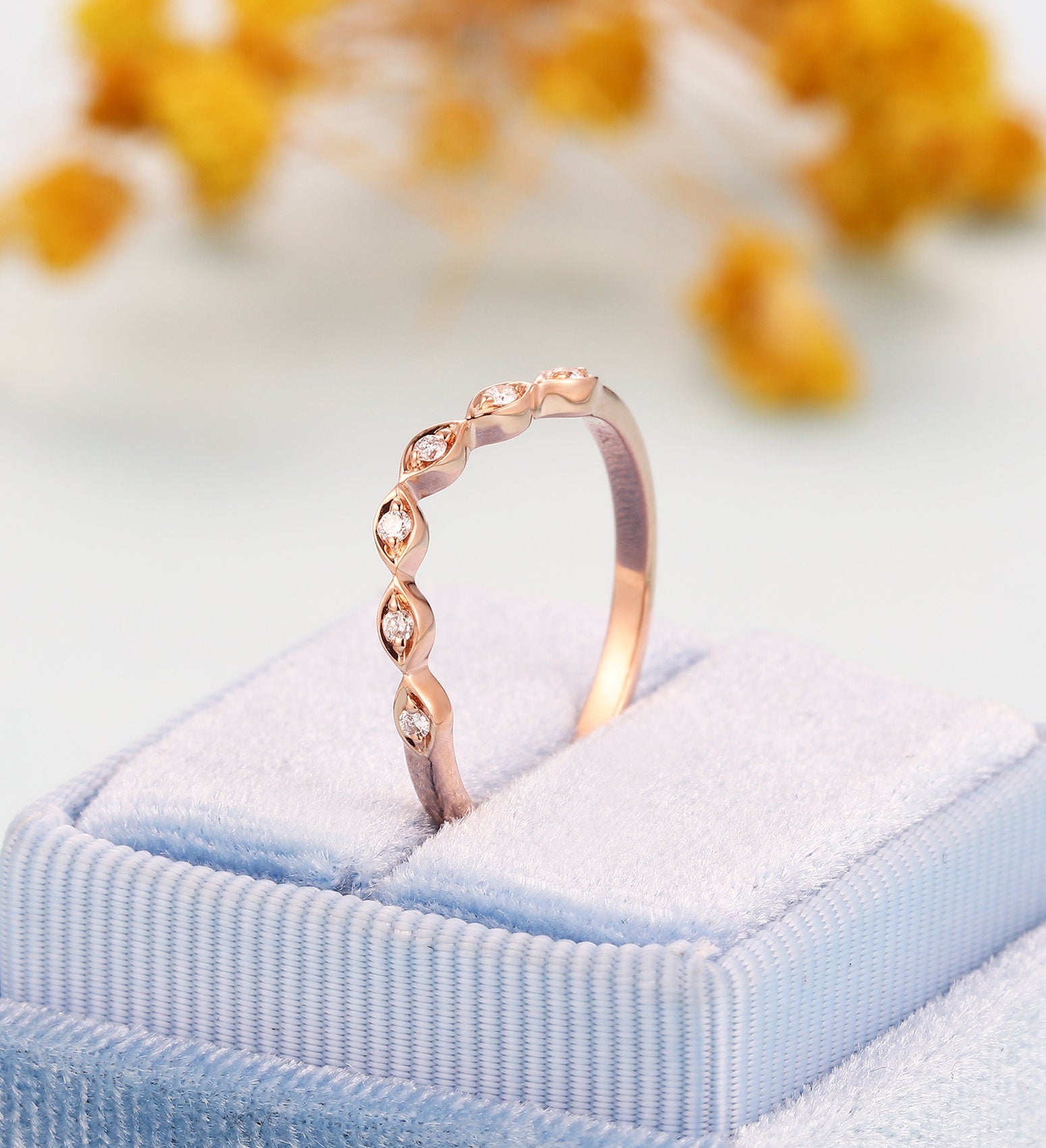 Diamond Curved wedding band  rose gold ring Vintage Jewelry Antique Solid 14K gold Matching Promise Anniversary Gift for her