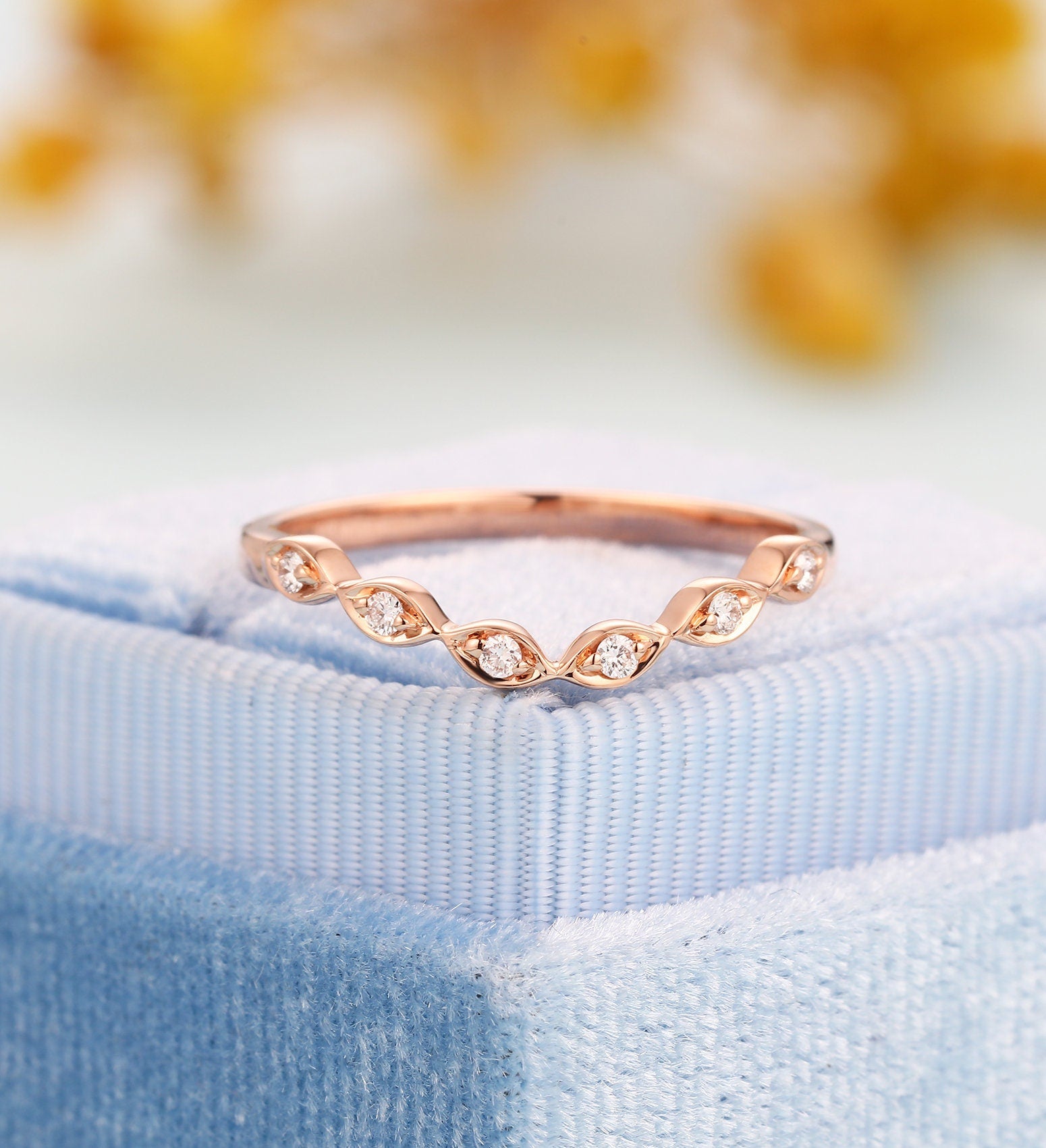 Diamond Curved wedding band  rose gold ring Vintage Jewelry Antique Solid 14K gold Matching Promise Anniversary Gift for her