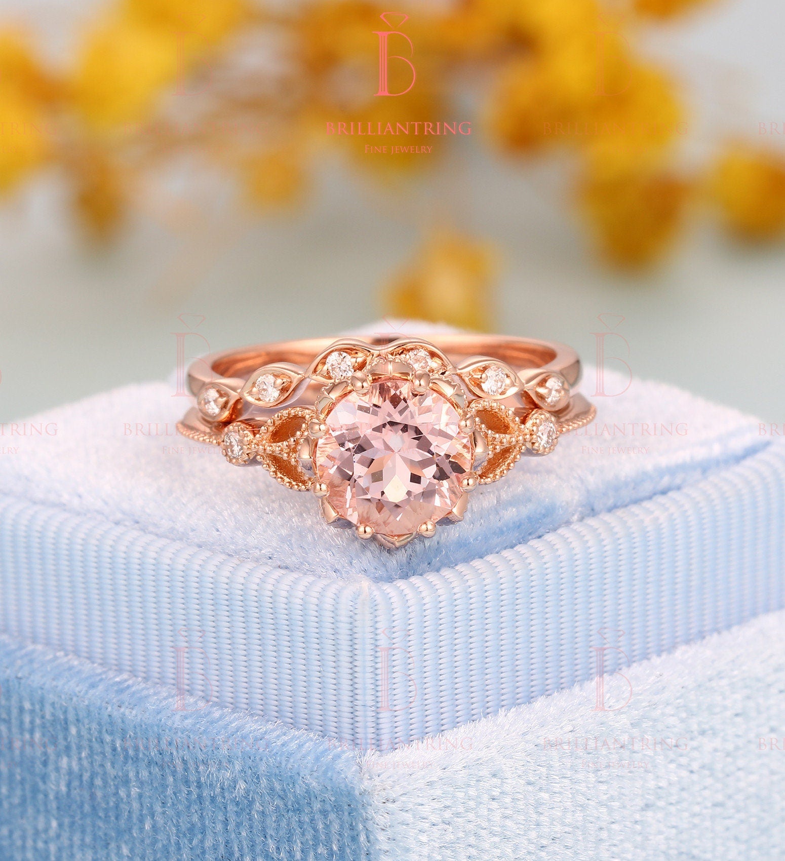 Morganite engagement ring Rose gold art deco vintage rings for , diamond curved wedding band antique milgrain Jewelry wedding ring