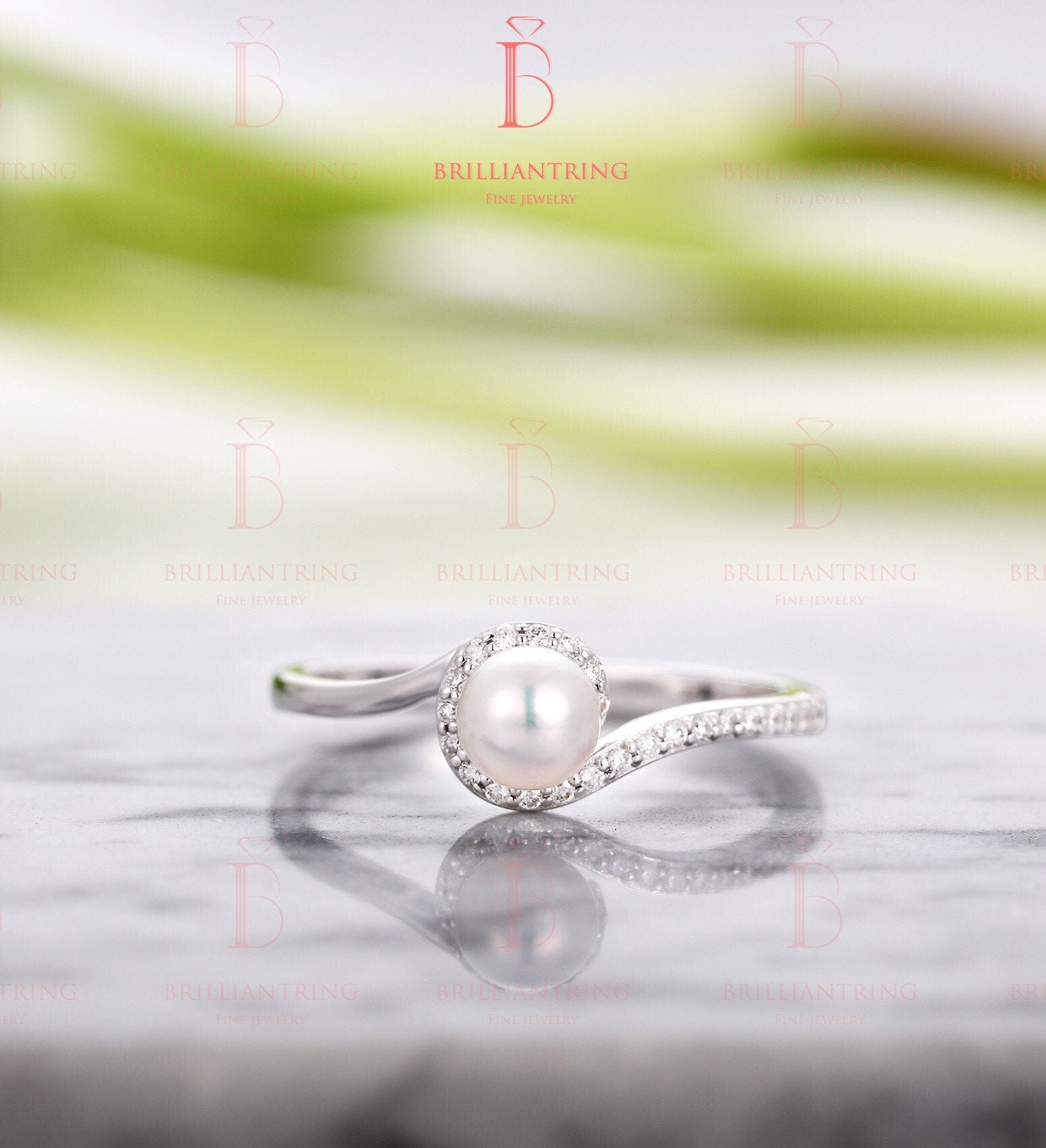 5mm White Pearl engagement ring white gold vintage Diamond micro pave  Dainty Bridal Jewelry Unique Antique Anniversary wedding ring