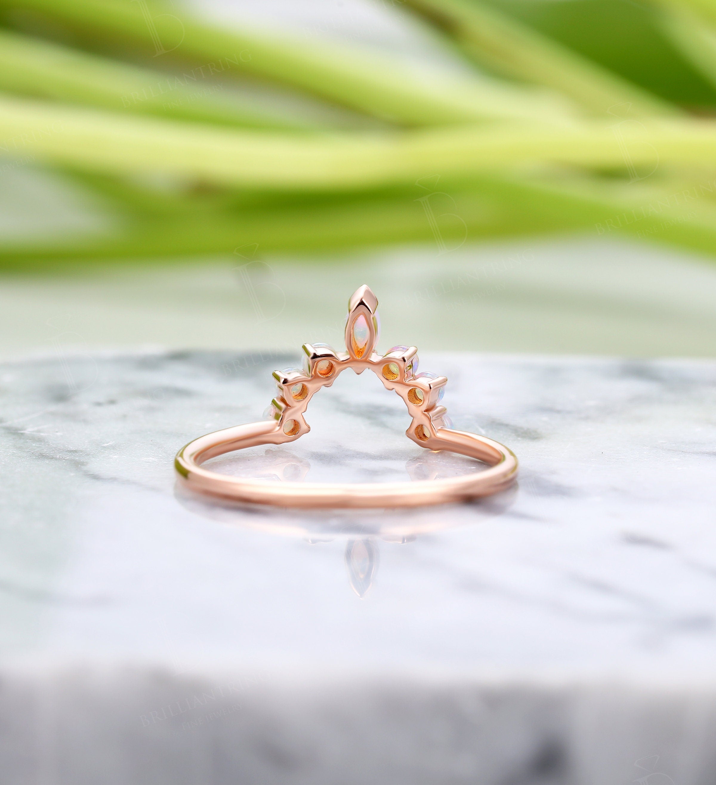 Marquise & round Cut Opal curved wedding band for  rose gold vintage stacking unique birthstone anniversary gift antique matching band