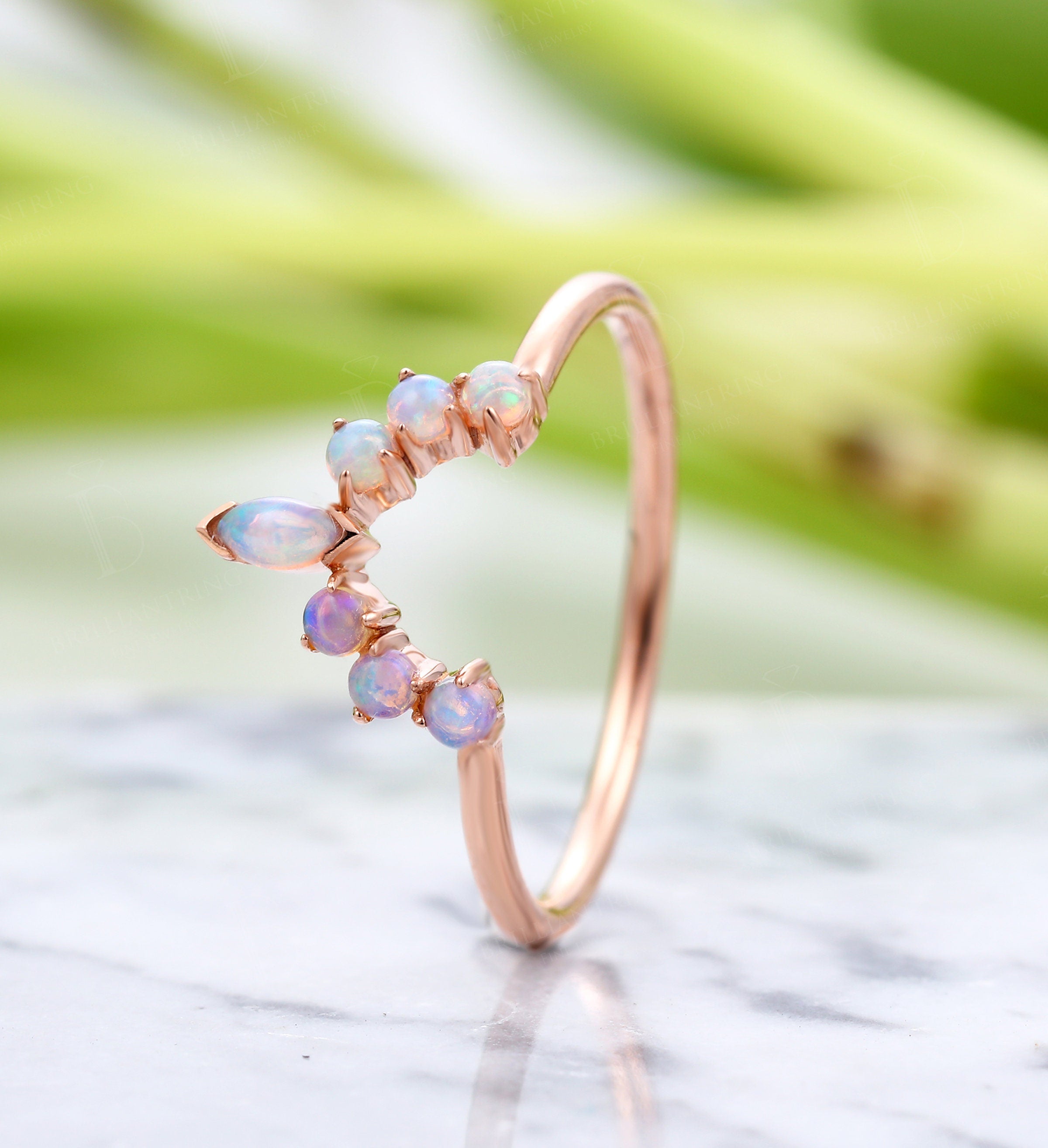 Marquise & round Cut Opal curved wedding band for  rose gold vintage stacking unique birthstone anniversary gift antique matching band