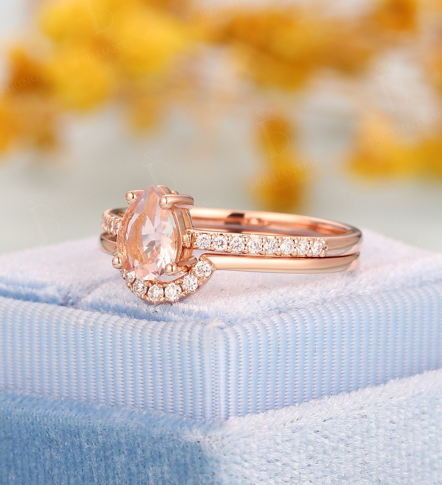 Morganite engagement ring rose gold pear cut vintage Half eternity diamond Wedding band  antique Jewelry Anniversary wedding ring