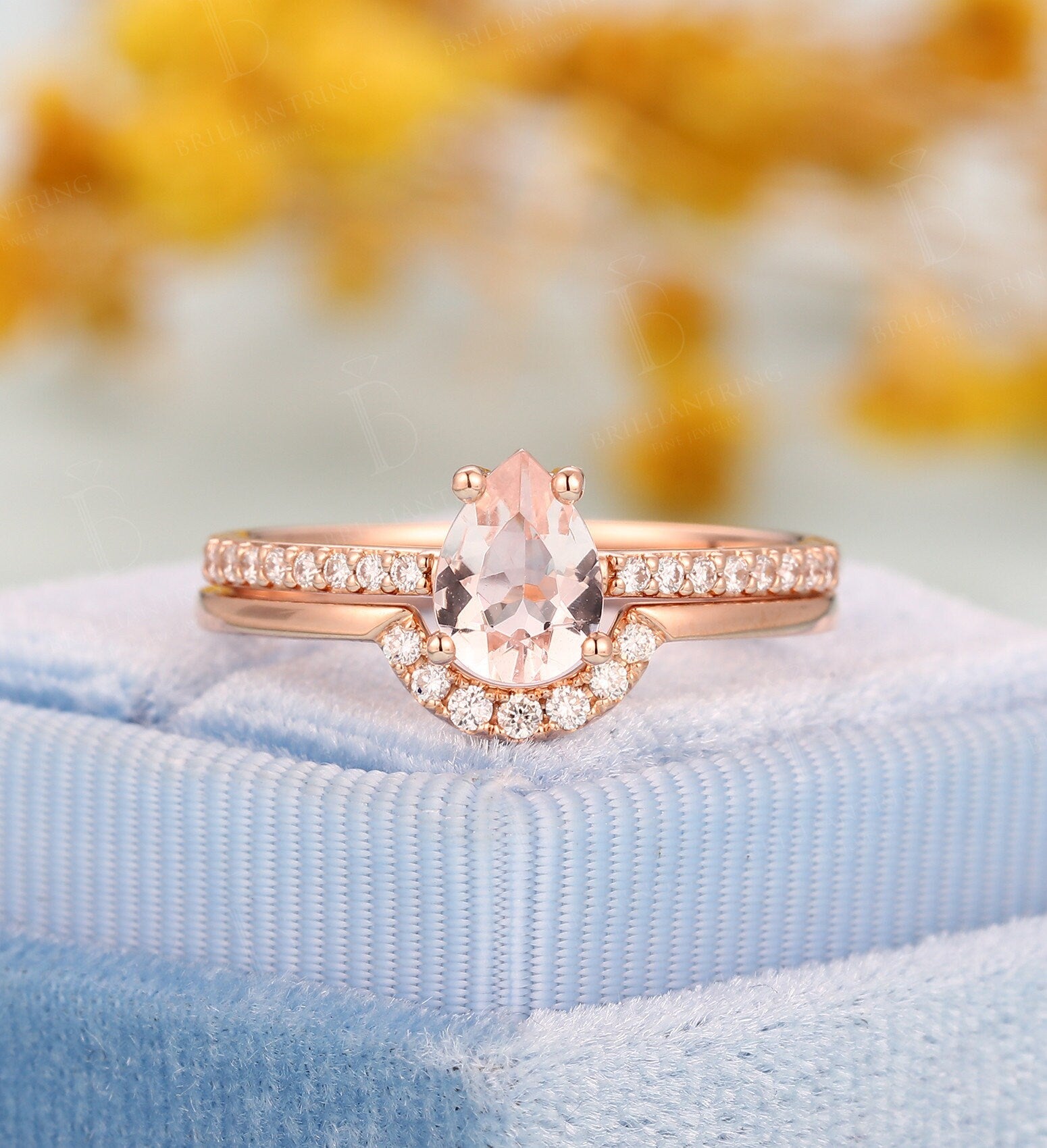 Morganite engagement ring rose gold pear cut vintage Half eternity diamond Wedding band  antique Jewelry Anniversary wedding ring