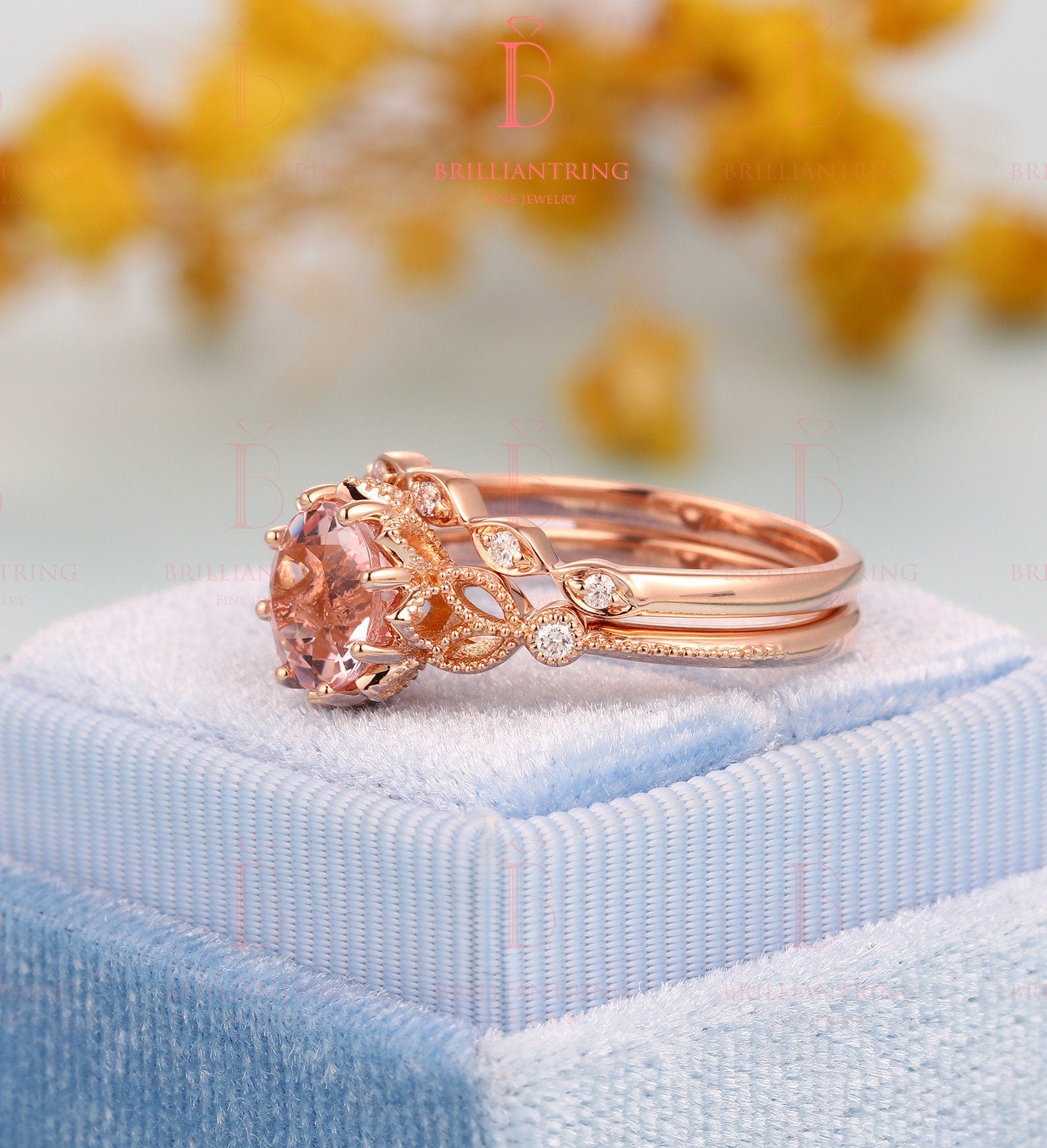 Morganite engagement ring Rose gold art deco vintage rings for , diamond curved wedding band antique milgrain Jewelry wedding ring