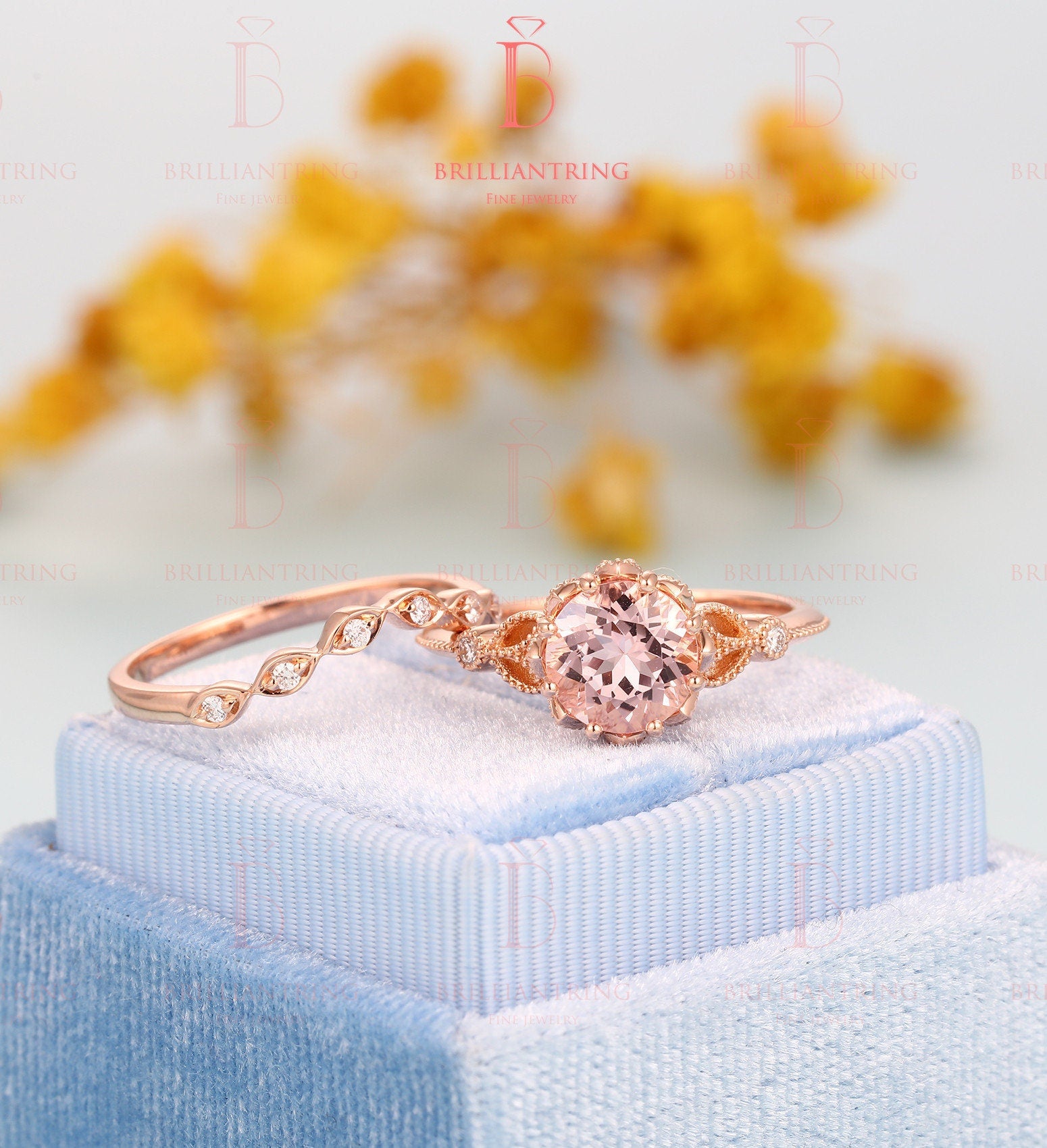 Morganite engagement ring Rose gold art deco vintage rings for , diamond curved wedding band antique milgrain Jewelry wedding ring