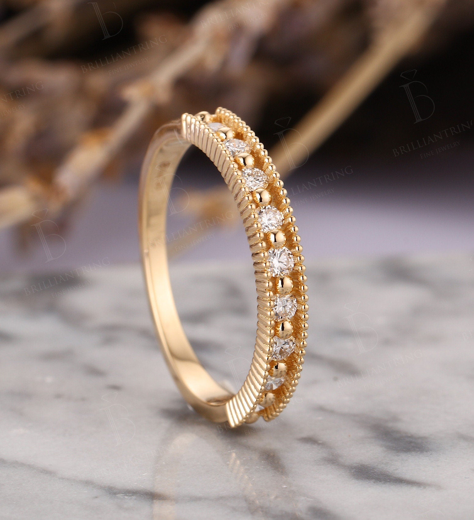 Diamond wedding band Vintage  yellow Gold Half eternity unique milgrain Art Deco Antique  Promise Anniversary wedding ring