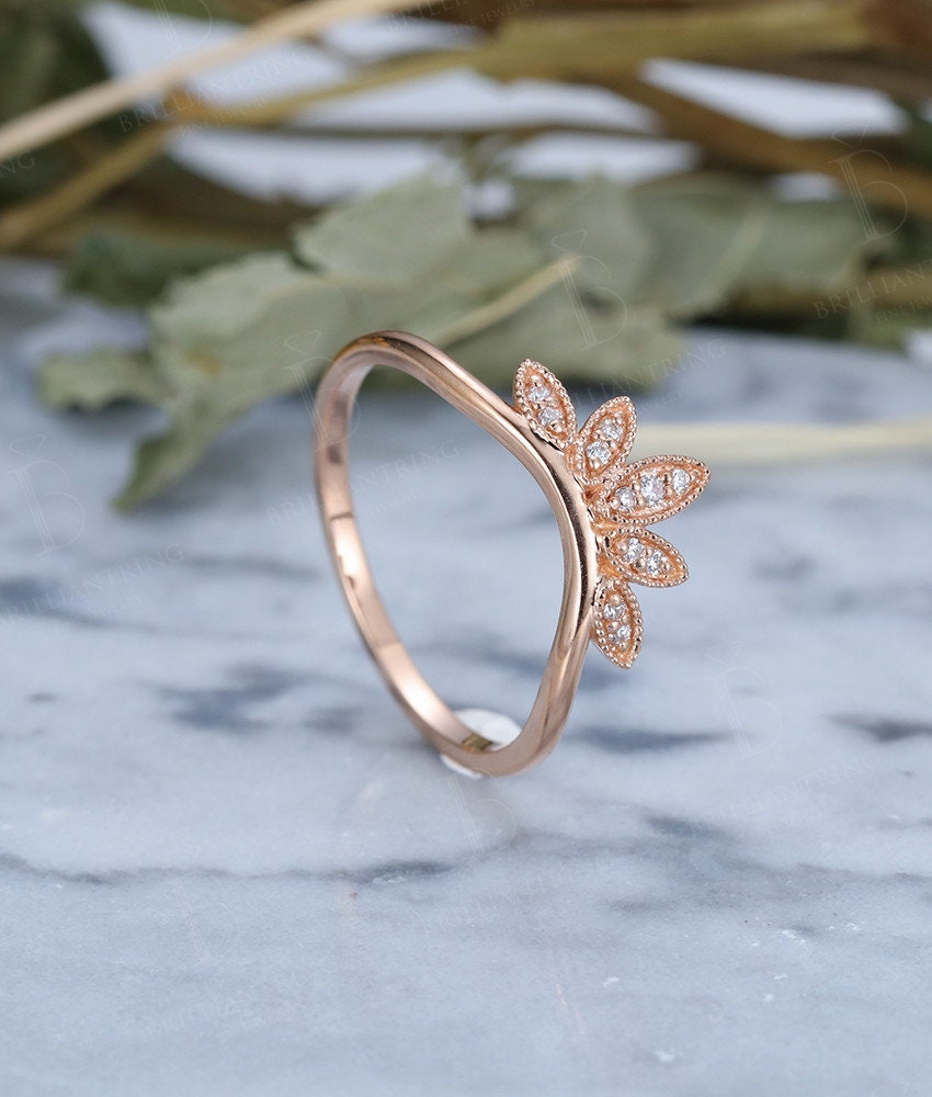 Alternative engagement ring vintage curved 14k rose gold Antique Halo diamond wedding   Unique bridal Birthstone Jewelry Anniversary