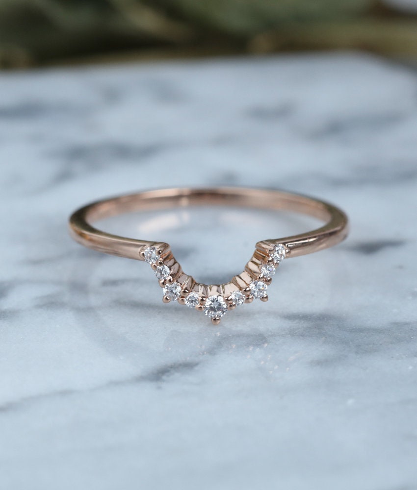 Diamond Curved wedding band rose gold ring halo Vintage Bridal Set Jewelry Antique Solid 14K  Matching Promise Anniversary Gift for