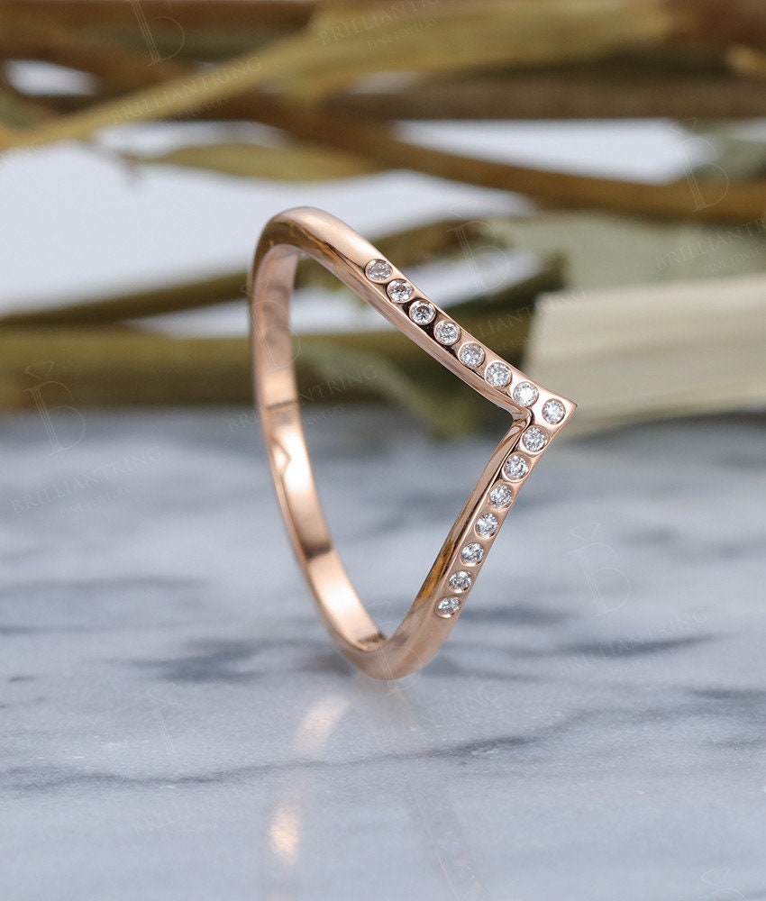 Diamond Curved wedding band 14k rose gold halo Vintage Bridal Set Jewelry Antique Solid  Matching Promise Anniversary Gift for