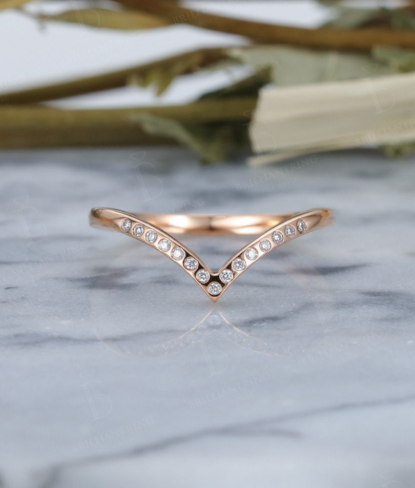 Diamond Curved wedding band 14k rose gold halo Vintage Bridal Set Jewelry Antique Solid  Matching Promise Anniversary Gift for