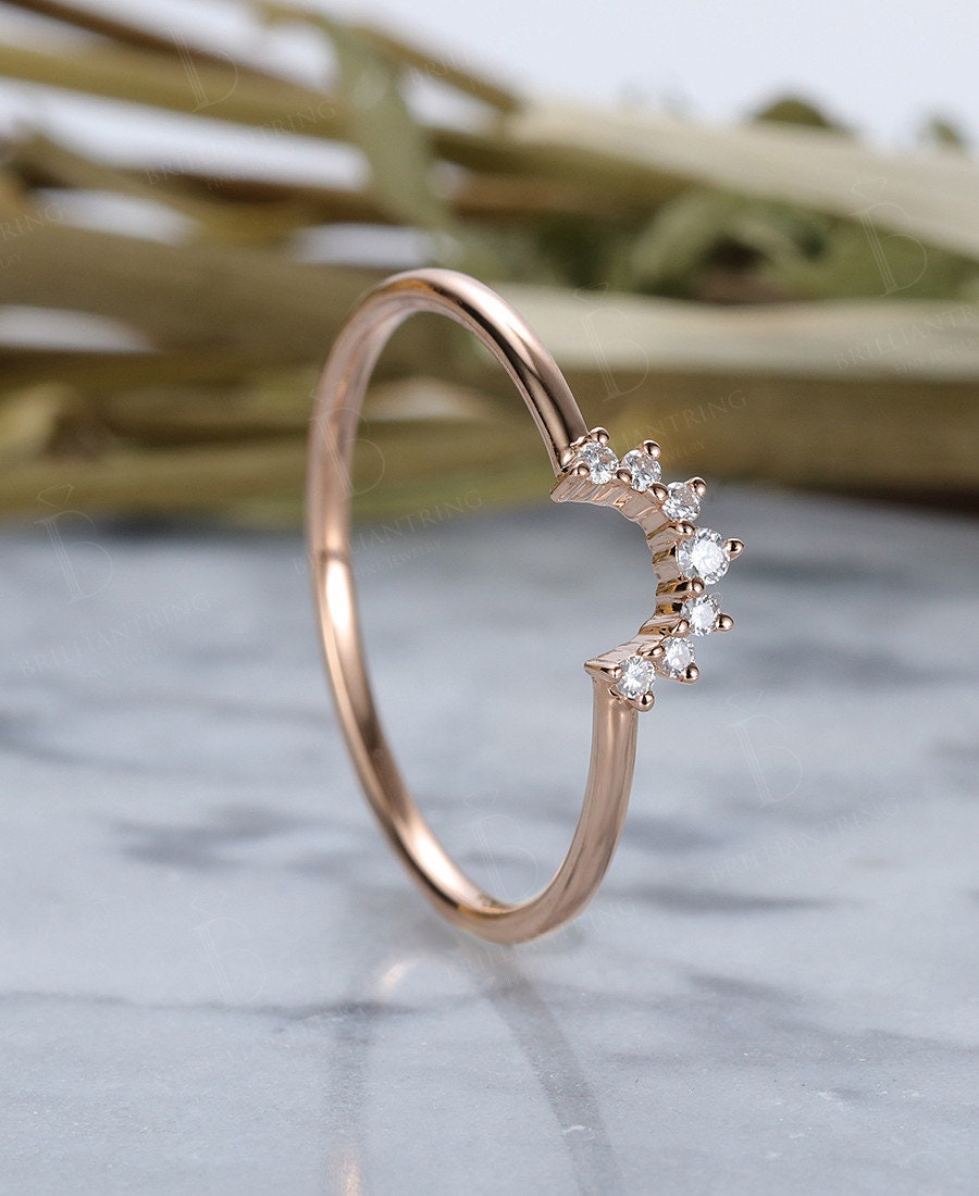 Moissanite/Diamond Curved wedding band rose gold ring Vintage Arched ring Bridal Set Antique Stacking Matching Promise Anniversary ring