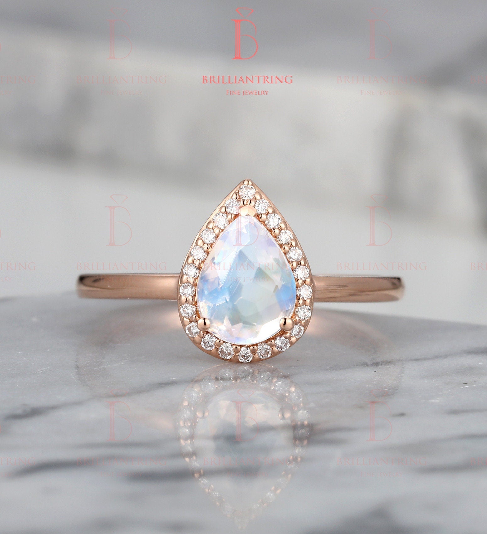 Moonstone engagement ring  Rose gold pear cut vintage Halo Moissanite unique Wedding Bridal Jewelry birthstone Anniversary wedding ring