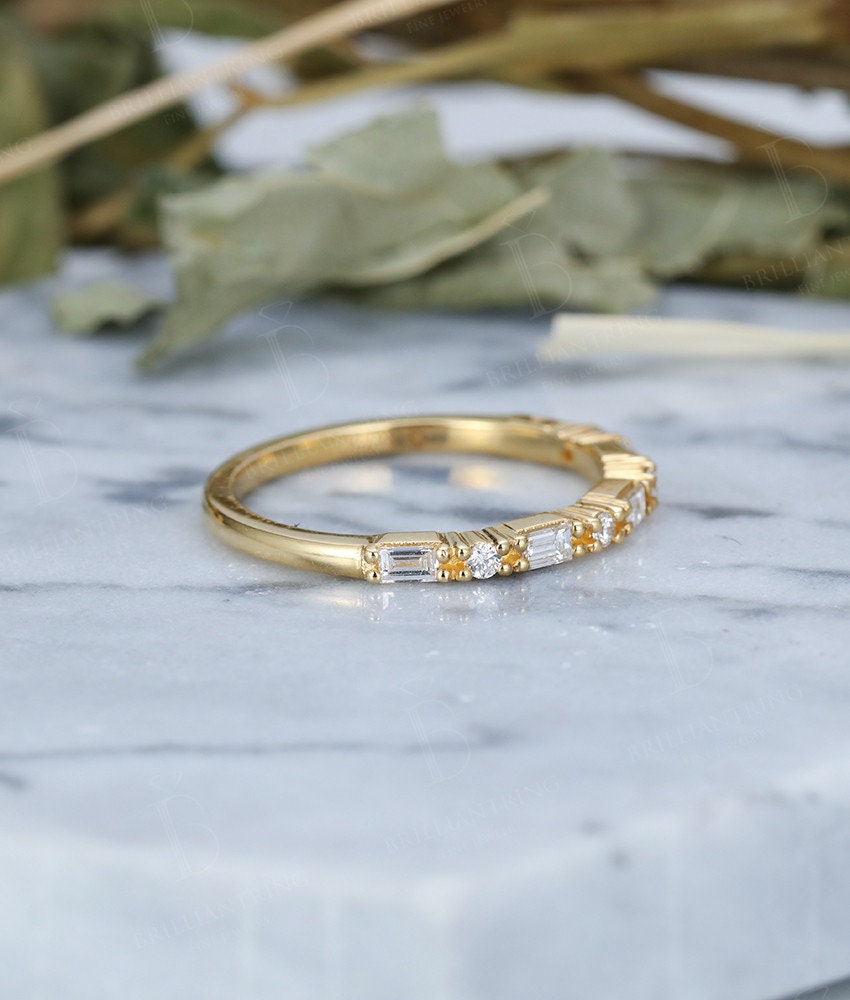 14k yellow gold wedding band  vintage half Eternity halo moissanite Art deco Stacking Promise Matching band Anniversary wedding ring