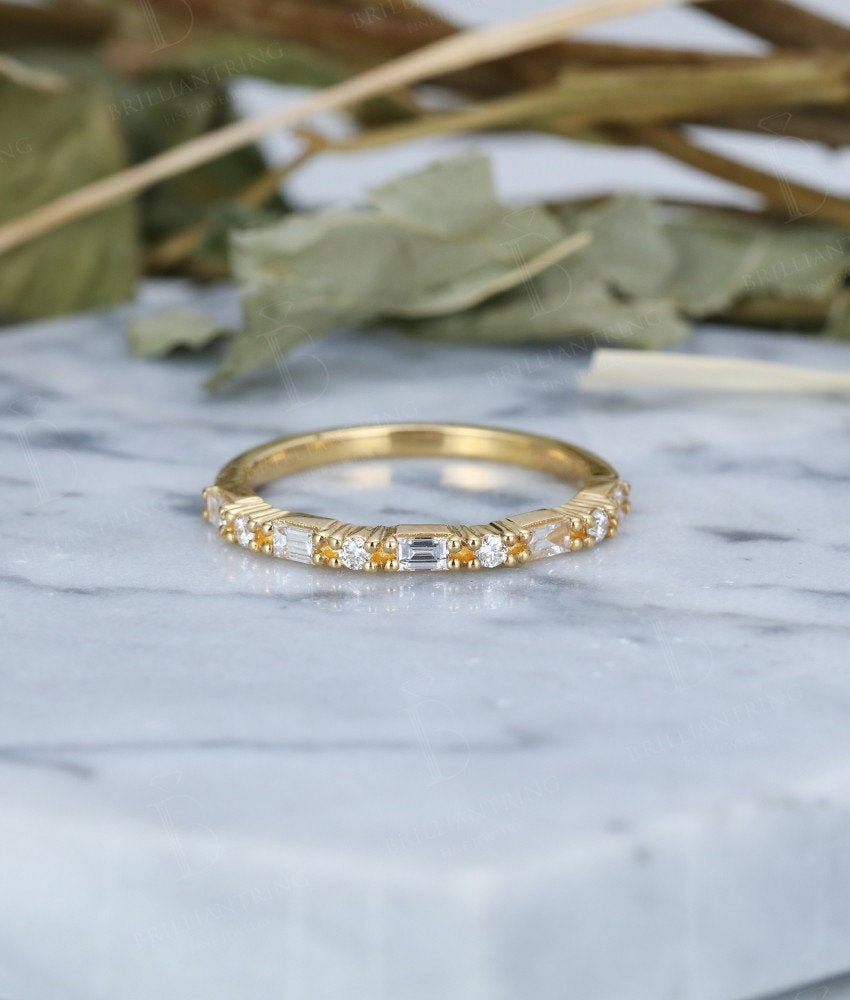 14k yellow gold wedding band  vintage half Eternity halo moissanite Art deco Stacking Promise Matching band Anniversary wedding ring